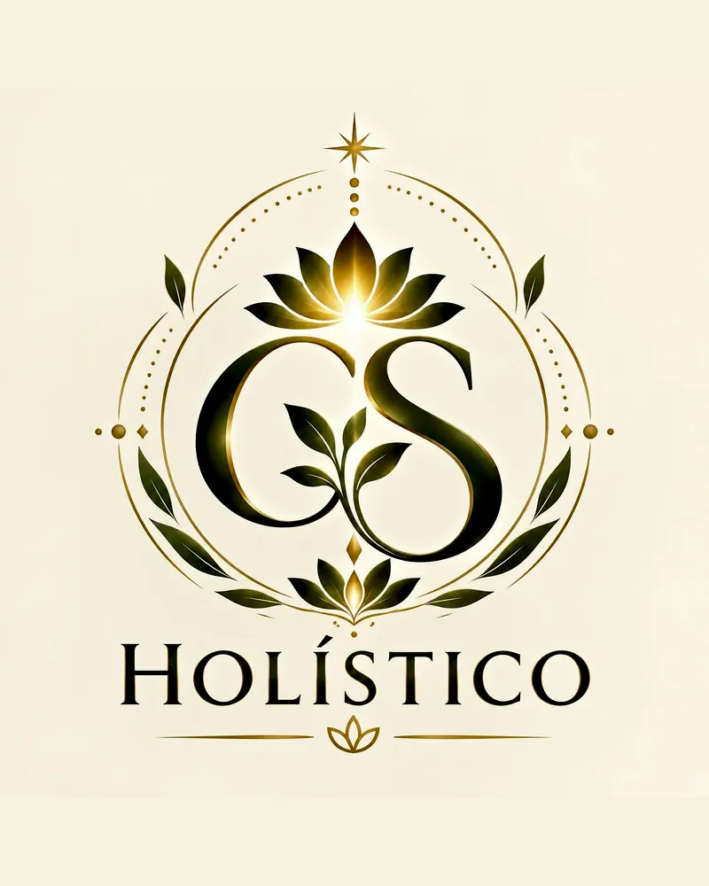 Logo GS Holístico: as letras GS com uma flor de lótus, em verde-oliva e dourado sobre fundo creme